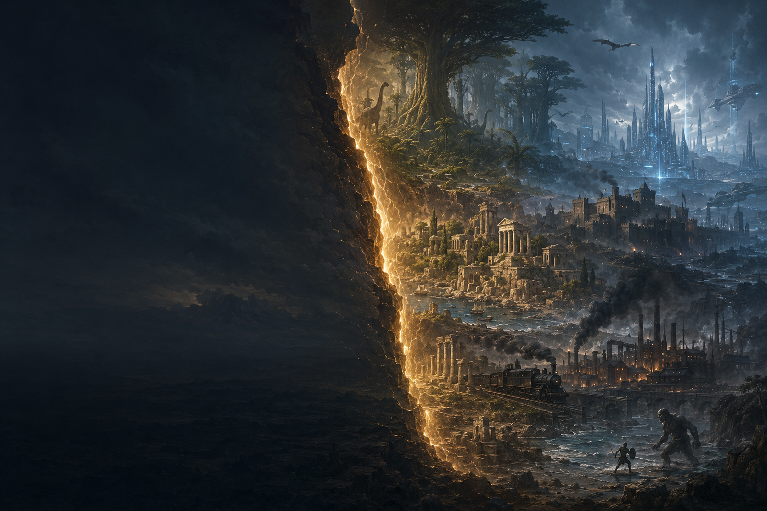 History fractures across ancient warriors, industry and impossible machines.